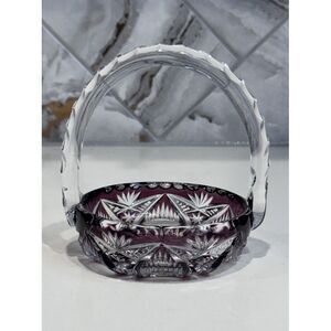 Bohemian Ruby Red Over Clear Cut Glass Round‎ Basket 5 in